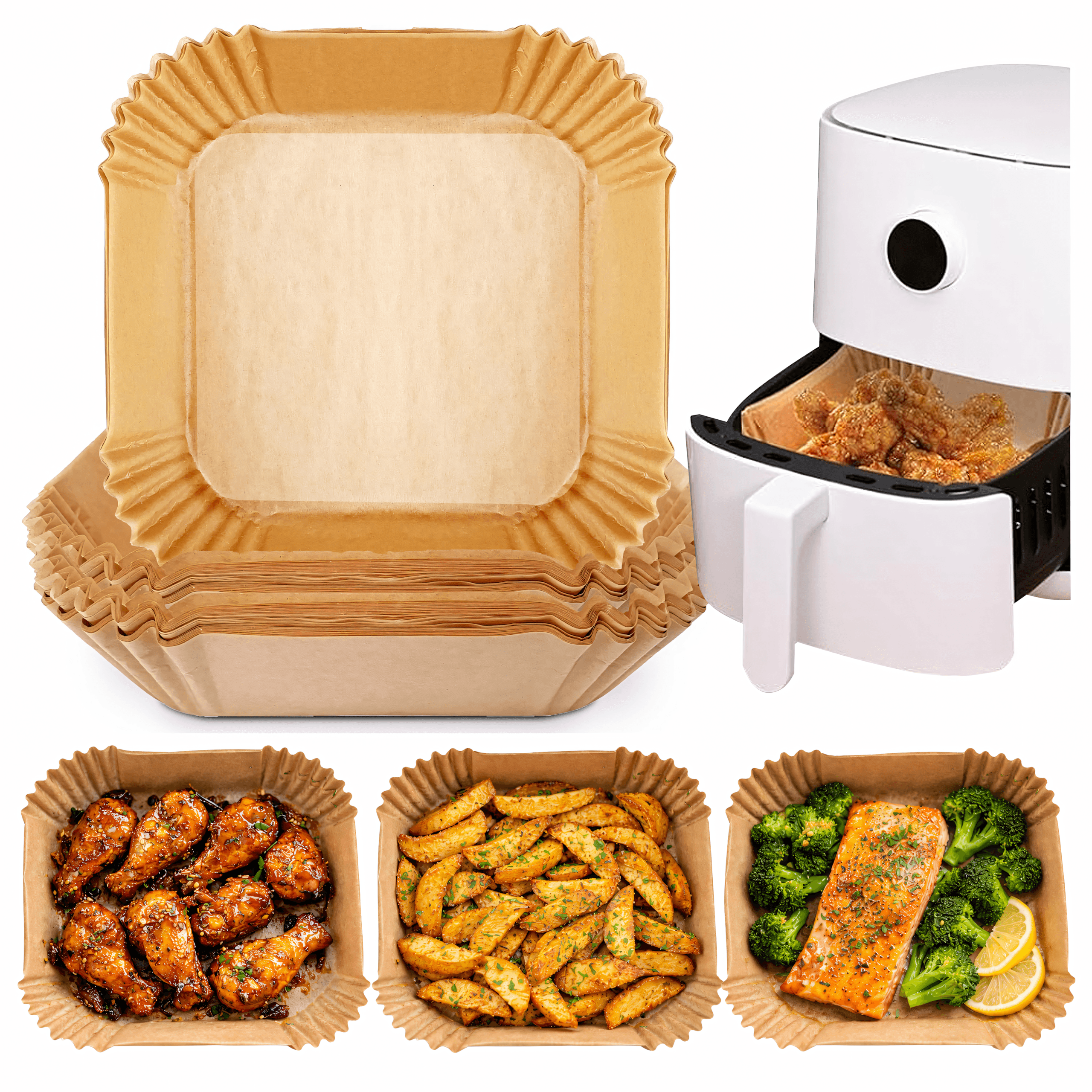 Wkłady papierowe do frytkownicy beztłuszczowej (Air Fryer) 20x20 cm – zestaw 100 sztuk